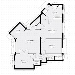 A floor plan of a house with a kitchen, dining room, living room, and multiple bedrooms.