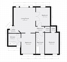 A floor plan of a house with a living room, kitchen, and multiple bathrooms and bedrooms.