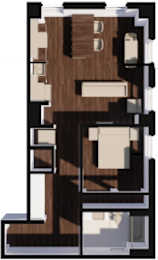 A 3D image of a building with a brown and beige exterior.