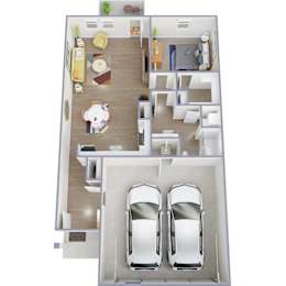 A top-down view of a house with two cars parked in the garage.