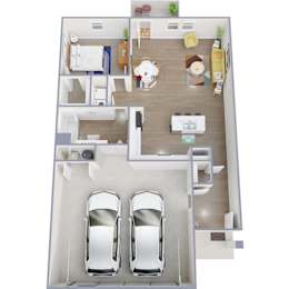 A 3D floor plan of a house with two bedrooms, a living room, a kitchen, and two parking spaces.
