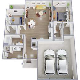A floor plan of a house with two bedrooms, a living room, a kitchen, a bathroom, and two parking spaces.