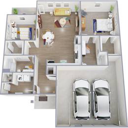 A floor plan of a house with two bedrooms, a living room, a kitchen, and two parking spaces.
