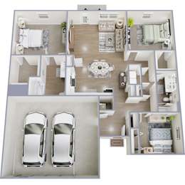 A 3D floor plan of a house with two bedrooms, a living room, a kitchen, a dining room, and two parking spaces.