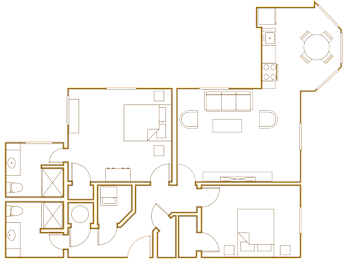 A floor plan of a house with a kitchen, living room, and two bedrooms.
