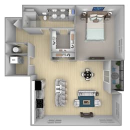 A 3D floor plan of a small apartment with a bedroom, living room, and kitchen.
