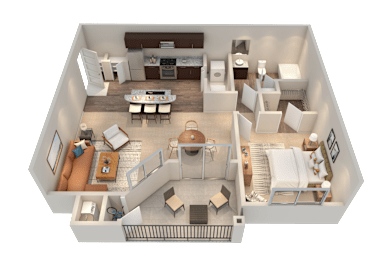 A top-down view of a well-furnished living room, kitchen, and dining area.