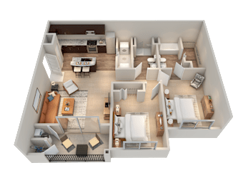 A 3D floor plan of a house showing a living room, dining room, kitchen, and bedrooms.