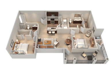 A 3D floor plan of a house with two bedrooms, a living room, a kitchen, and a bathroom.