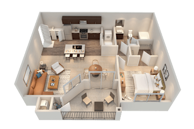 A top-down view of a well-furnished apartment.