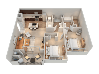 A 3D floor plan of a house showing a living room, kitchen, dining room, and bedrooms.