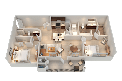 A 3D rendered image of a house layout.