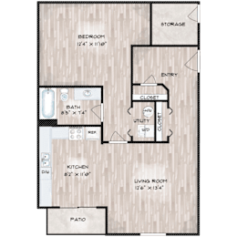 A floor plan of a home with a bedroom, bathroom, kitchen, living room, and patio.