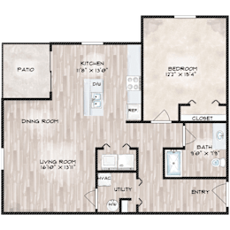 A floor plan of a house with a living room, dining room, kitchen, bedroom, and bathroom.