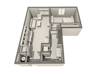 A 3D floor plan of a house with a kitchen, living room, and two bedrooms.