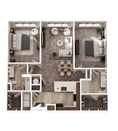 A top-down view of a house layout with a living room, kitchen, dining area, and bedrooms.