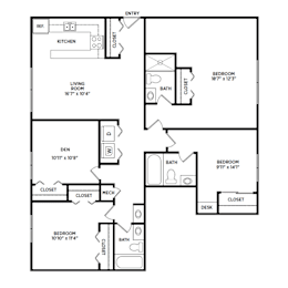 3 bedroom floor plan with a den | Glenwood Apartments in East Lansing, MI