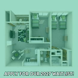 A poster with a waitlist for 2027 is displayed over a cutout image of a room.