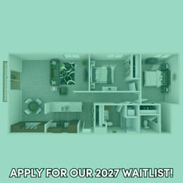 A poster advertising a waitlist for 2027 with a cutout of a room.