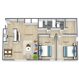 A floor plan of a house with a kitchen, living room, dining room, and two bedrooms.