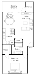 A floor plan of a house with a balcony, dining area, kitchen, closet, bathroom, and bedroom.