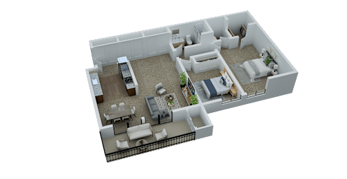 A 3D rendered image of a house layout with a kitchen, living room, and dining area.