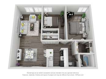 A 3D floor plan of a two-bedroom apartment with a living room, kitchen, and bathroom.