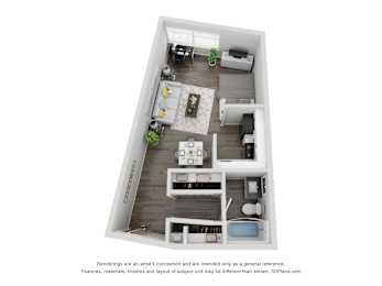 A 3D floor plan of a small apartment with a kitchen, living room, and bedroom.