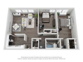 A 3D floor plan of a modern apartment with a living room, kitchen, and bedrooms.
