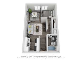 A 3D floor plan of a small apartment with a kitchen, living room, and bedroom.