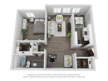 A 3D floor plan of a house with a kitchen, living room, and two bedrooms.