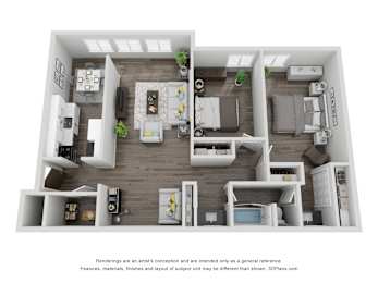A 3D floor plan of a house with a kitchen, living room, and two bedrooms.
