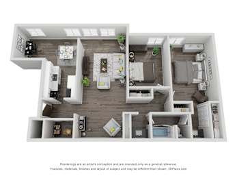 A 3D floor plan of a house with multiple rooms and furniture.