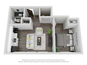 A 3D floor plan of a small apartment with a kitchen, living room, and bedroom.