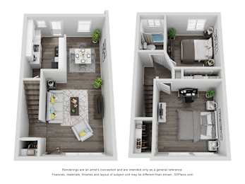Two images of a house layout with a living room, kitchen, and bedrooms.