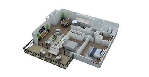 A 3D floor plan of a house with a kitchen, living room, and bedrooms.