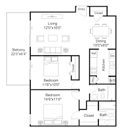 A black and white floor plan of a two bedroom apartment.