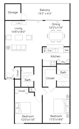 A floor plan of a house with a living room, two bedrooms, a kitchen, a bathroom, a storage area, and a balcony.