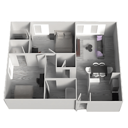 A 3D rendered image of a house layout.