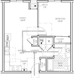 A floor plan of a home with a living room, bedroom, kitchen, pantry, and laundry area.