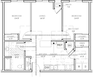 A floor plan of a house with two bedrooms, a living room, a kitchen, a pantry, a laundry room, a bathroom, a coat closet, and a linen closet.