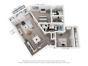 A 3D floor plan of a house with a kitchen, living room, and two bedrooms.