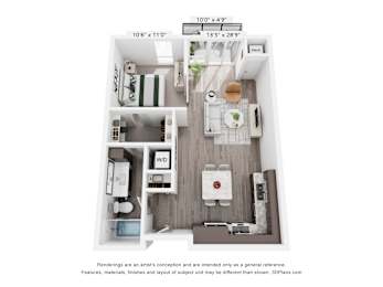 A 3D floor plan of a small apartment with a kitchen, living room, and bathroom.
