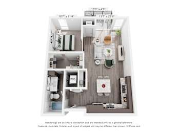 A 3D floor plan of a small apartment with a kitchen, living room, and bathroom.