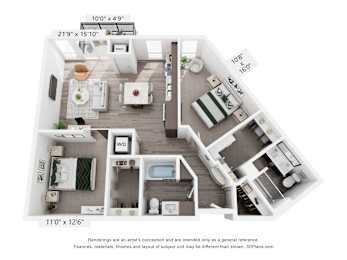 A floor plan of a small apartment with a kitchen, living room, and bathroom.