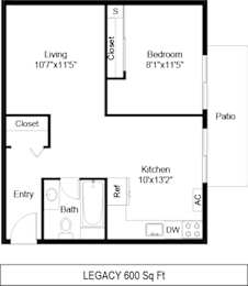 A floor plan for a 600 square foot home with a living room, bedroom, patio, kitchen, bathroom, and closet.