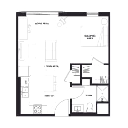 a floor plan of a unit with a bedroom and a living room at Zelia on Seven, St Louis Park, Minnesota