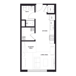 a floor plan of a small apartment with a bedroom and a living room at Zelia on Seven, St Louis Park, 55416