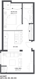 A floor plan of a small apartment with a bedroom, kitchen, and living area.