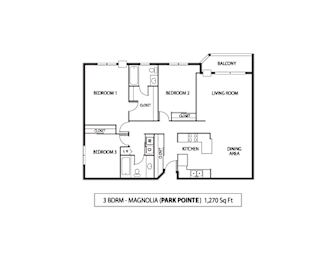 A black and white diagram of a 3 bedroom, 1270 square foot Magnolia park pointe apartment.